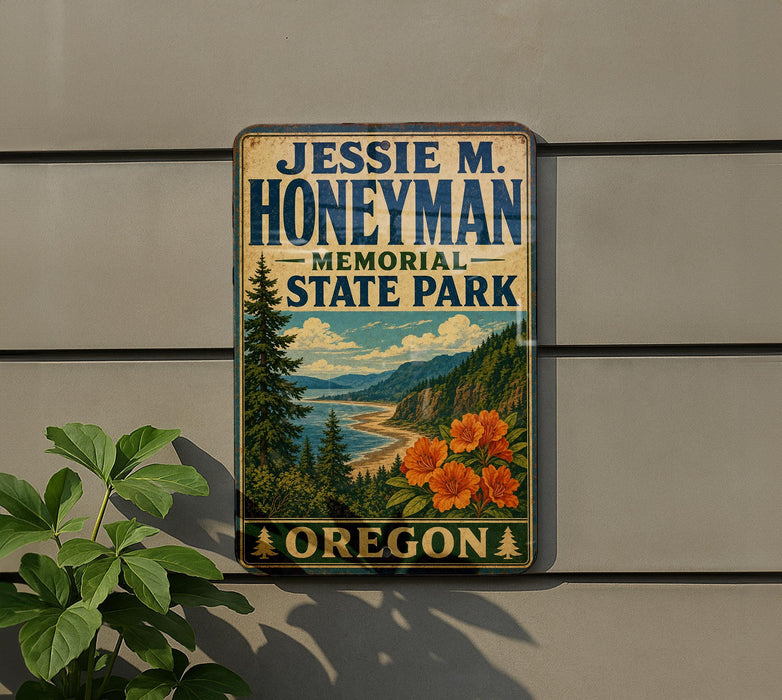 A vintage-style metal sign for Jessie M. Honeyman Memorial State Park in Oregon, featuring a scenic landscape with mountains, trees, and a beach.