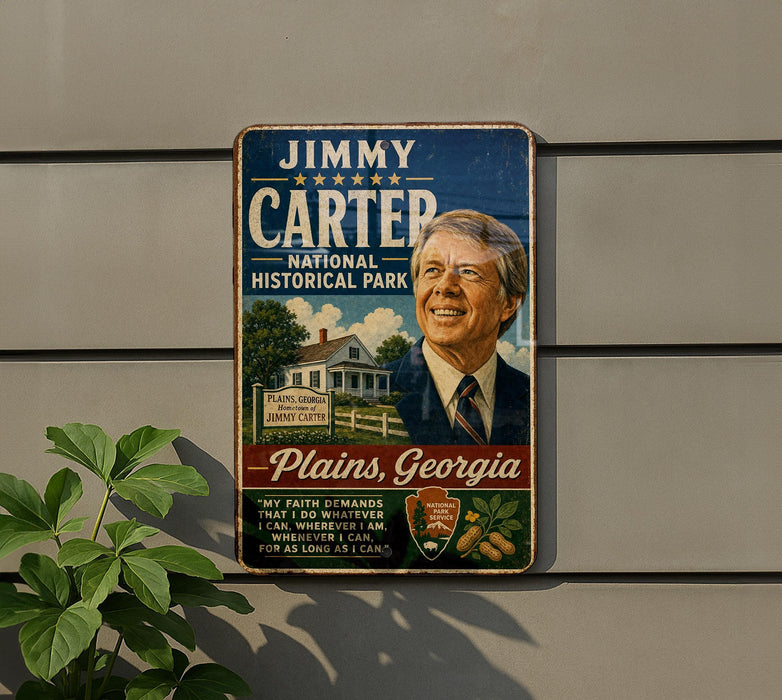 A vintage-style metal sign featuring a portrait of a man, with text promoting a political campaign for Jimmy Carter, the former President of the United States.