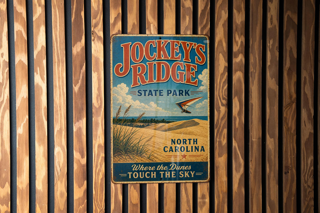 A vintage metal sign for Jockey's Ridge State Park, featuring a beach scene and a bird in flight, mounted on a wooden wall.