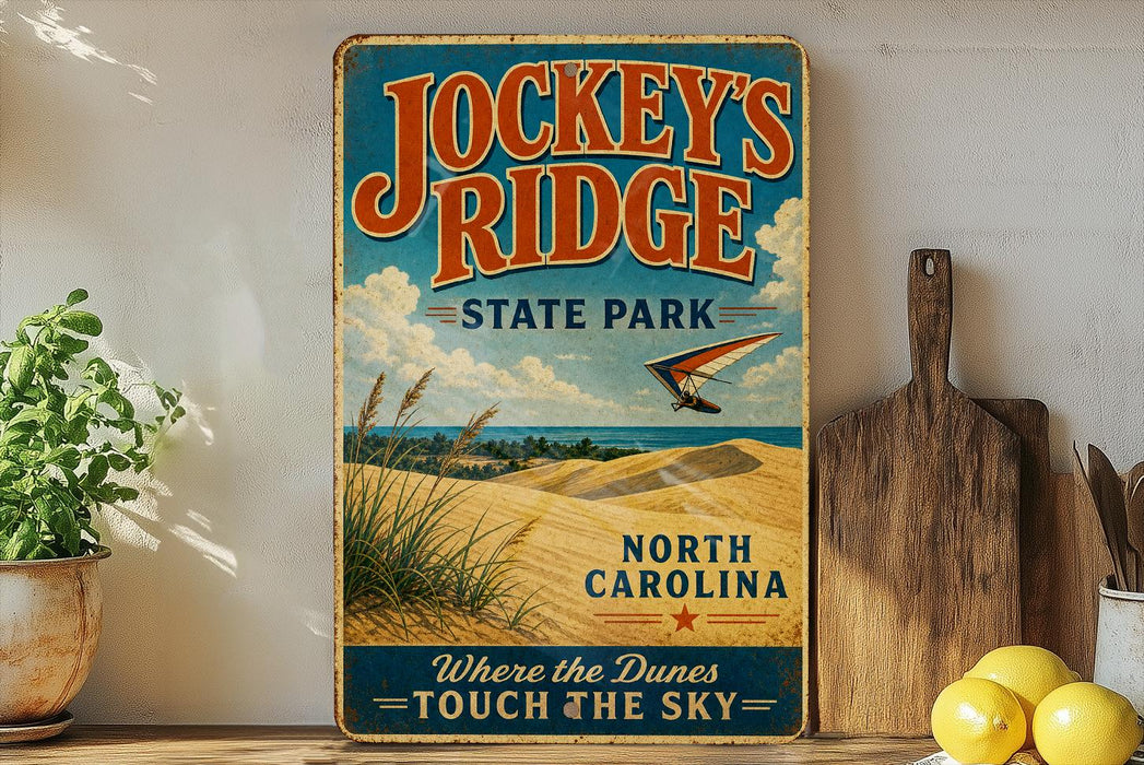 A vintage-style sign for Jockey's Ridge State Park in North Carolina, featuring a beach scene with a hang glider in the sky.
