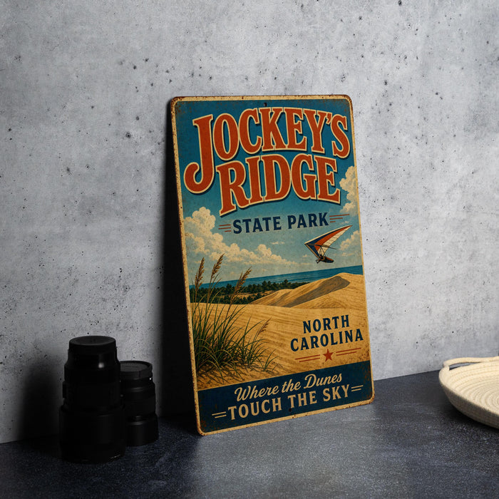 A vintage-style sign for Jockey's Ridge State Park, featuring a beach scene and a kite flying in the sky.