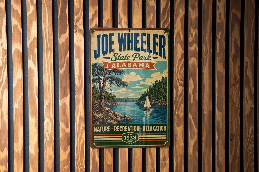 A vintage-style metal sign for Joe Wheeler State Park in Alabama, featuring a scenic illustration of a lake and a sailboat.