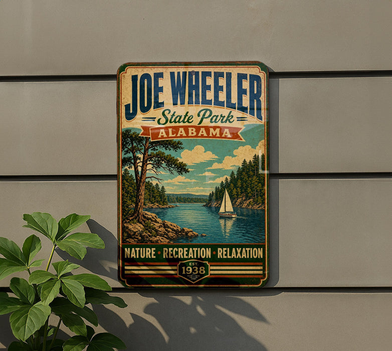 A vintage-style sign for Joe Wheeler State Park in Alabama, featuring a scenic landscape with a lake, trees, and a sailboat.