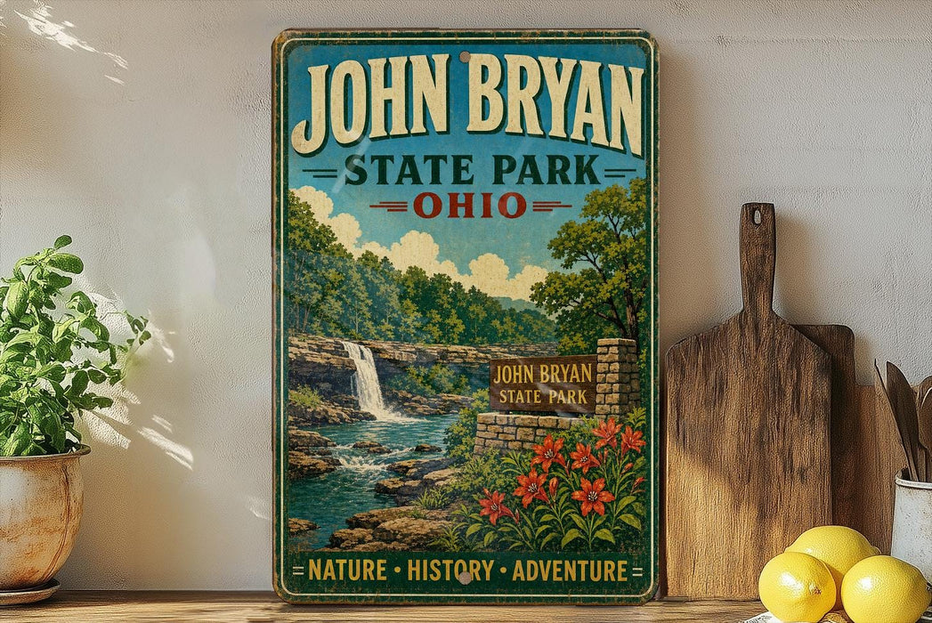 A vintage-style sign for John Bryan State Park in Ohio, featuring a scenic landscape with a waterfall and lush greenery.