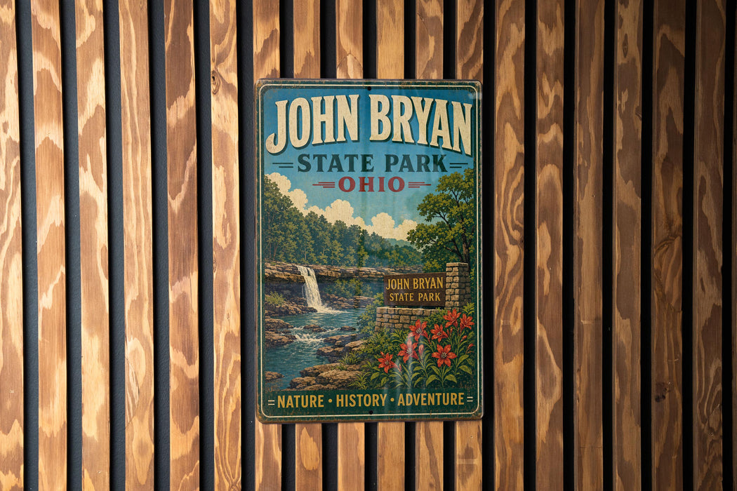 A vintage-style metal sign for John Bryan State Park in Ohio, featuring a scenic landscape with a waterfall and lush vegetation.