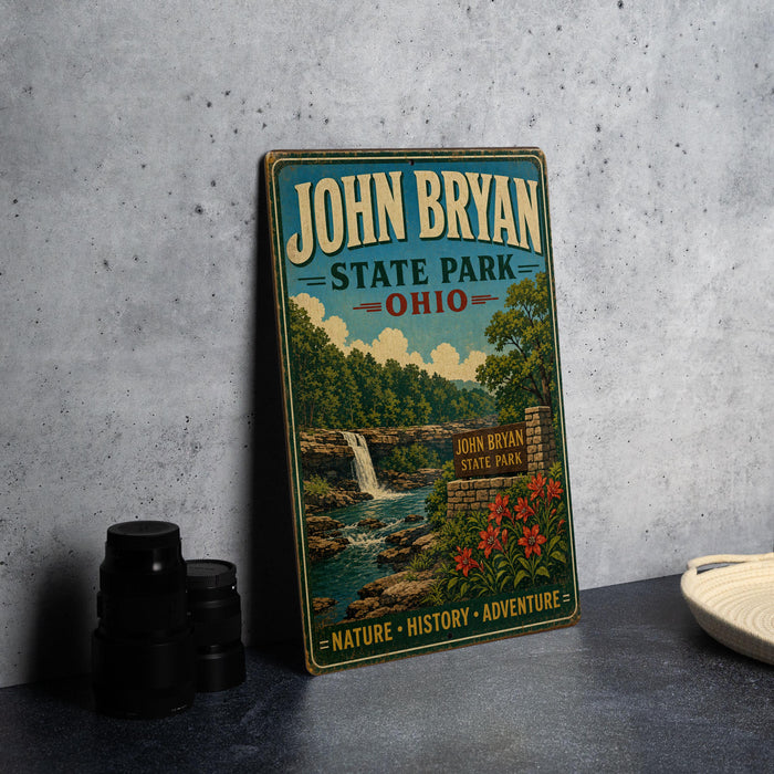 A vintage-style sign for John Bryan State Park in Ohio, featuring a scenic illustration of a waterfall and lush greenery.