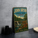A vintage-style sign for John Bryan State Park in Ohio, featuring a scenic illustration of a waterfall and lush greenery.