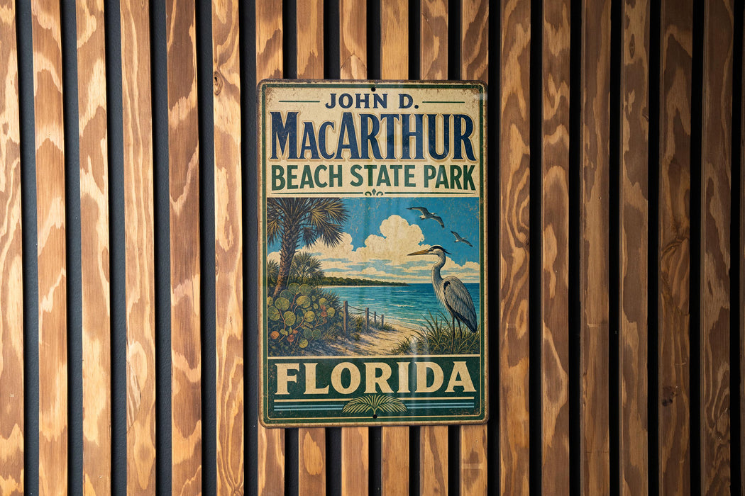 A vintage metal sign for John D. Mac Arthur Beach State Park in Florida, featuring a beach scene with palm trees and a bird.