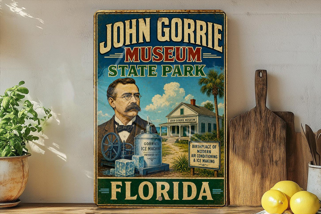 A vintage-style metal sign for the John Gorrie Museum in Florida, featuring an illustration of a man in a suit and tie standing next to a large ice machine.