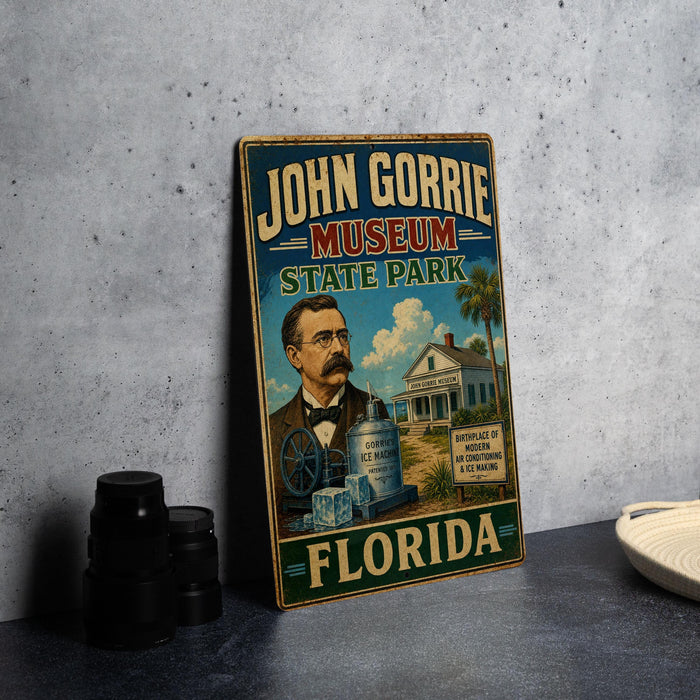 A vintage-style metal sign for the John Gorrie Museum in Florida, featuring an illustration of a man and various objects related to the museum.