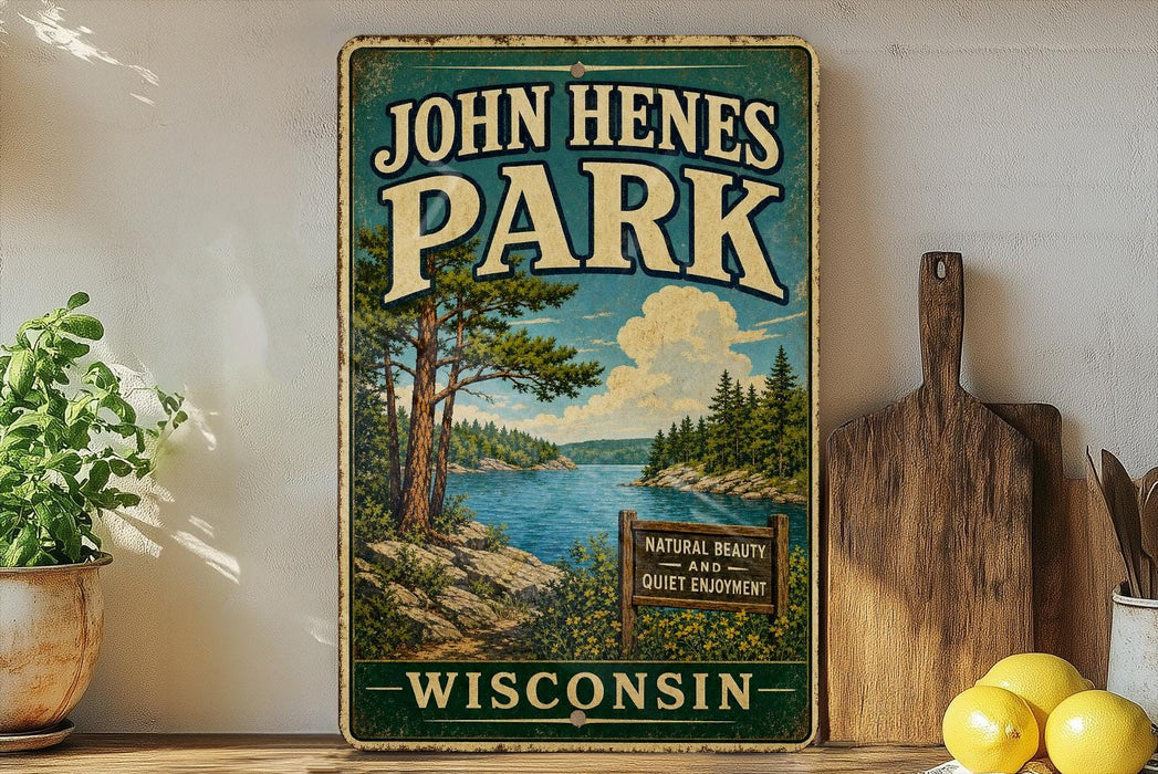 A vintage-style metal sign for John Hens Park in Wisconsin, featuring a scenic landscape with a lake and pine trees.
