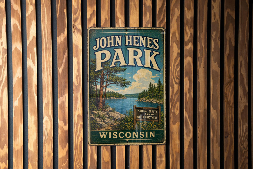 A vintage metal sign for John Hens Park in Wisconsin, featuring a scenic landscape with a lake and pine trees.