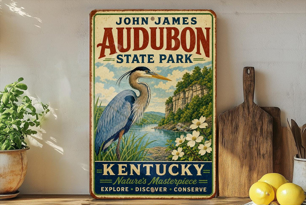 A vintage-style sign for John James Audubon State Park in Kentucky, featuring an illustration of a heron in a grassy landscape with a river and mountains in the background.
