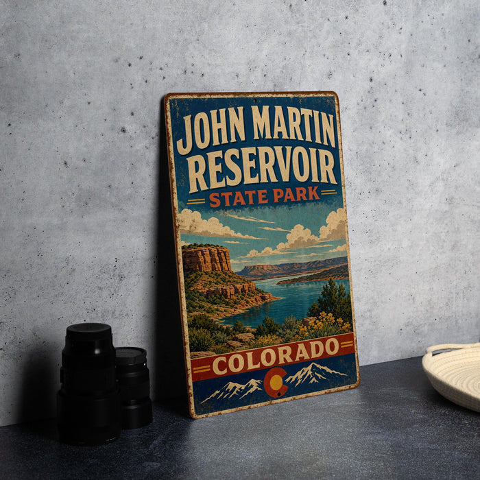 A vintage-style sign for John Martin Reservoir, a state park in Colorado, featuring a scenic landscape with mountains, water, and a blue sky.