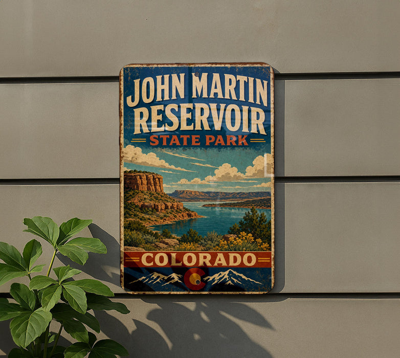 A vintage-style sign for John Martin Reservoir, a state park in Colorado, featuring a scenic landscape with mountains, water, and a cloudy sky.