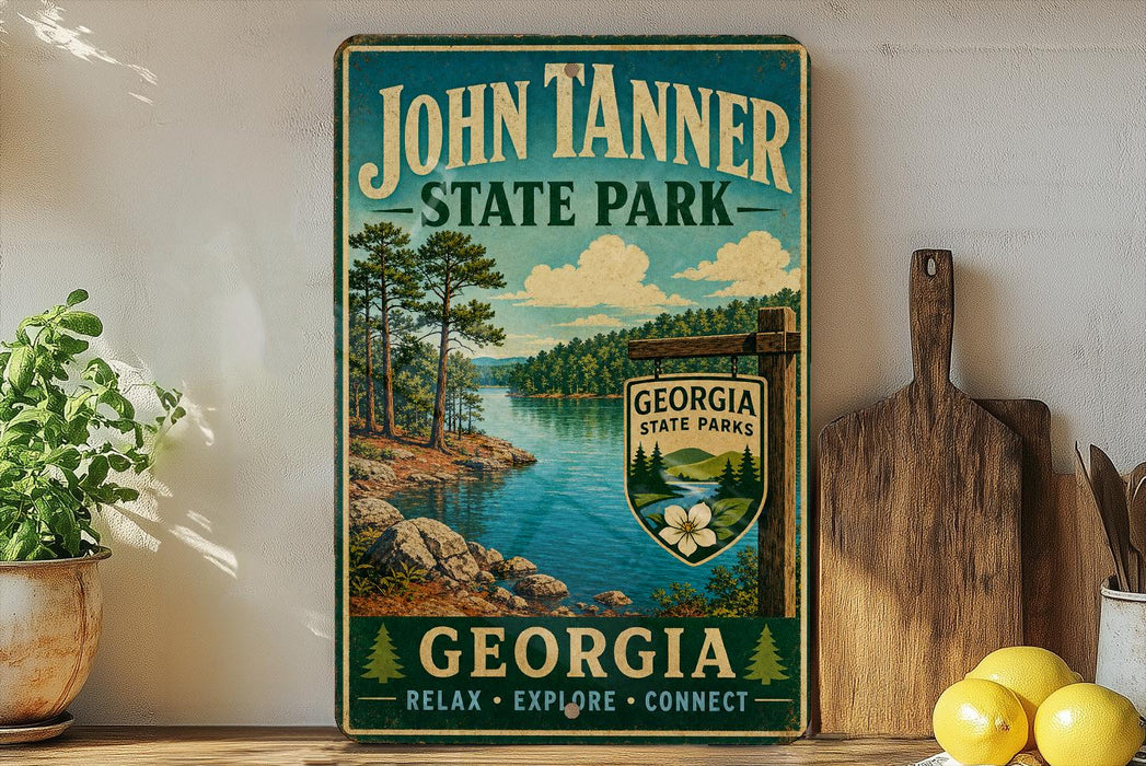 A vintage-style sign for John Tanner State Park in Georgia, featuring a scenic landscape with pine trees, a lake, and mountains.