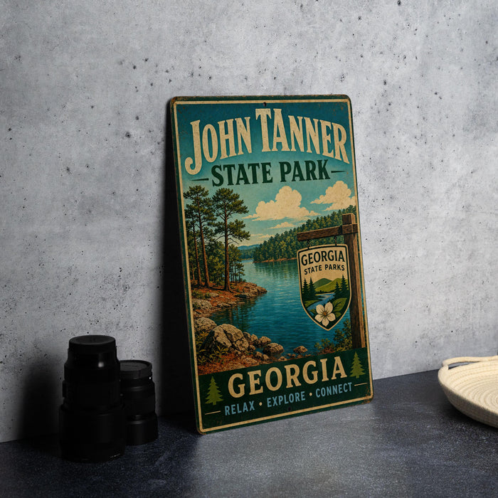 A vintage-style sign for John Tanner State Park in Georgia, featuring a scenic landscape with pine trees, a lake, and mountains.