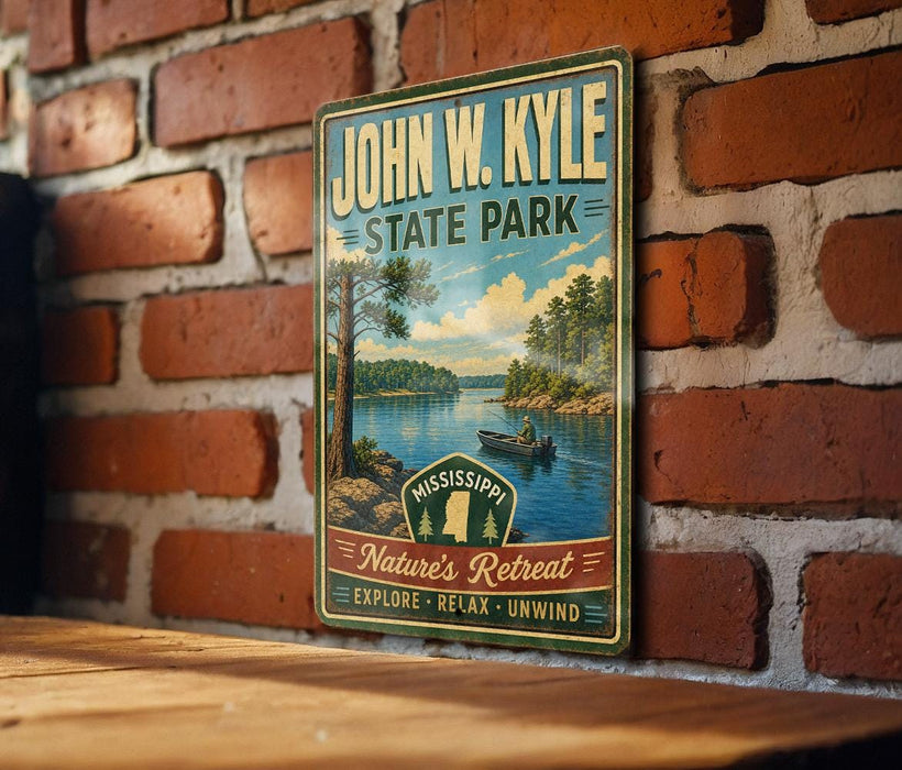 A vintage-style metal sign for John W. Kyle State Park, featuring a scenic landscape with a lake, trees, and a boat.
