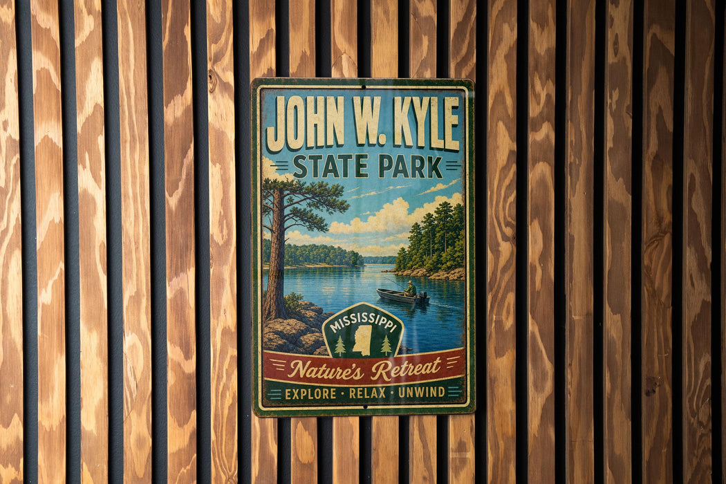 A vintage-style metal sign for John W. Kyle State Park, featuring a scenic image of a lake and forest.