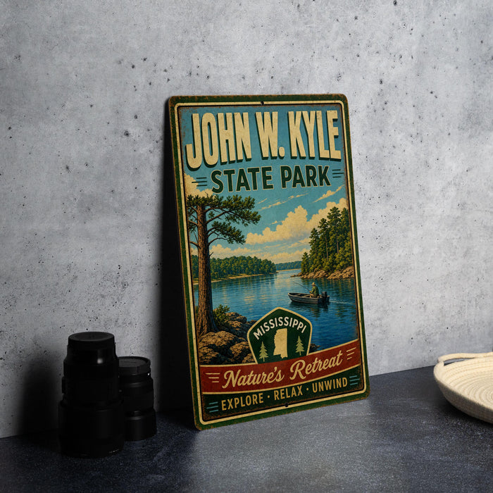A vintage-style metal sign for John W. Kyle State Park, featuring a scenic landscape with a lake, trees, and a boat.