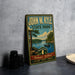 A vintage-style metal sign for John W. Kyle State Park, featuring a scenic landscape with a lake, trees, and a boat.