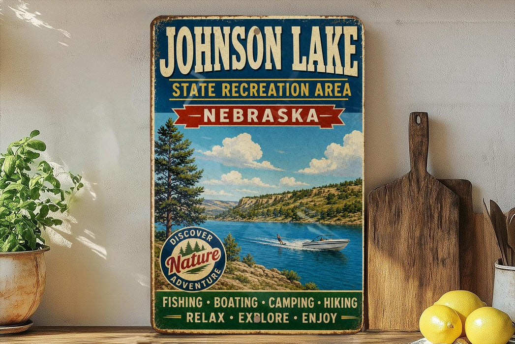 A vintage-style sign for Johnson Lake, Nebraska, featuring a scenic image of a lake surrounded by mountains and a boat on the water.