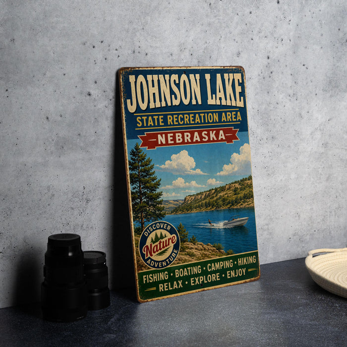 A vintage-style sign for Johnson Lake, Nebraska, advertising various recreational activities such as fishing, boating, camping, hiking, and relaxing.