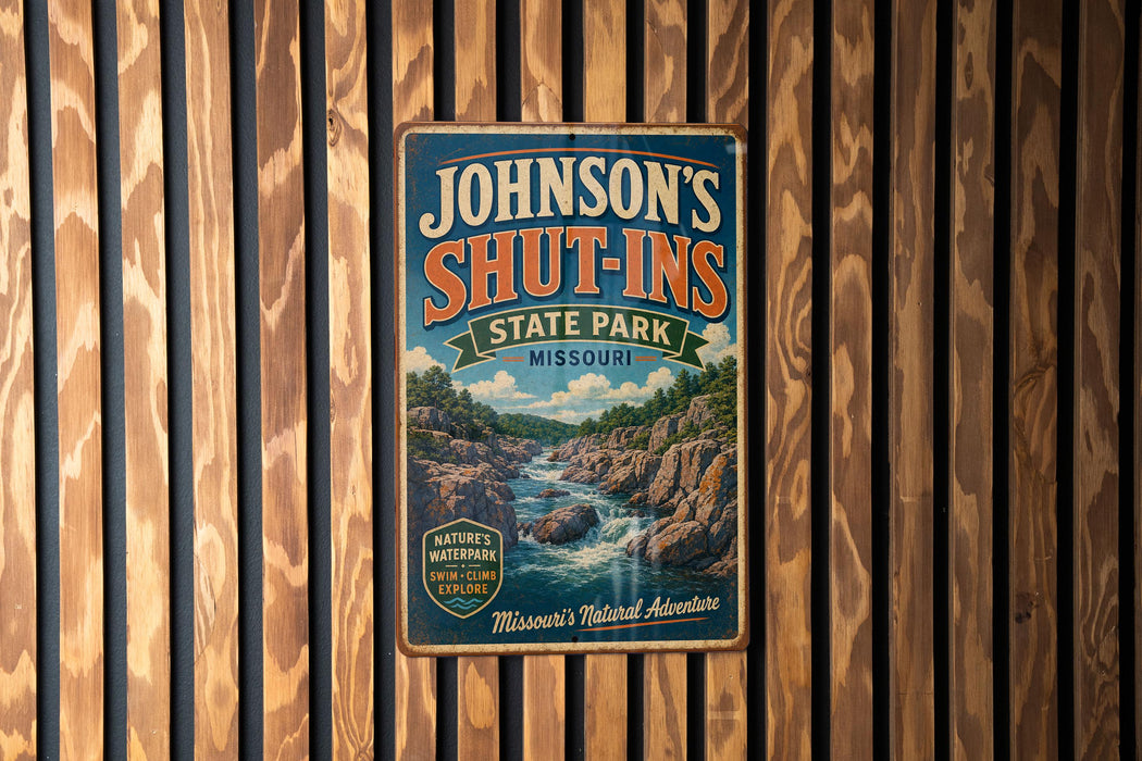 A vintage-style metal sign for Johnson's Shut-Ins State Park in Missouri, featuring a scenic landscape with a river and mountains.