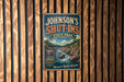 A vintage-style metal sign for Johnson's Shut-Ins State Park in Missouri, featuring a scenic landscape with a river and mountains.