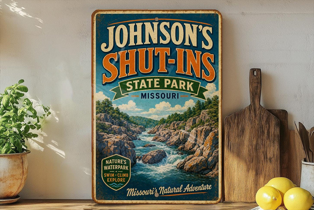 A vintage-style sign for Johnson's Shut-Ins State Park in Missouri, featuring a scenic illustration of a river and mountains.