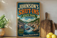 A vintage-style sign for Johnson's Shut-Ins State Park in Missouri, featuring a scenic illustration of a river and mountains.