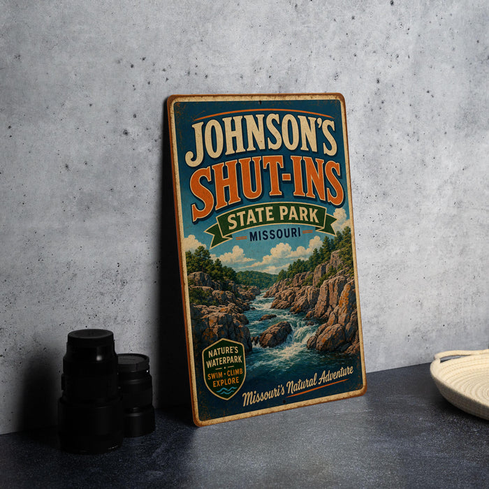 A vintage-style metal sign for Johnson's Shut-Ins State Park in Missouri, featuring a scenic landscape with a river and mountains.