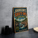 A vintage-style metal sign for Johnson's Shut-Ins State Park in Missouri, featuring a scenic landscape with a river and mountains.