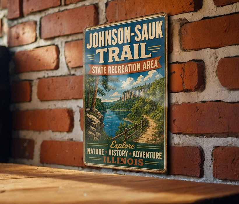 A vintage-style metal sign for the Johnson-Sauk Trail, advertising the State Recreation Area, is displayed on a brick wall.