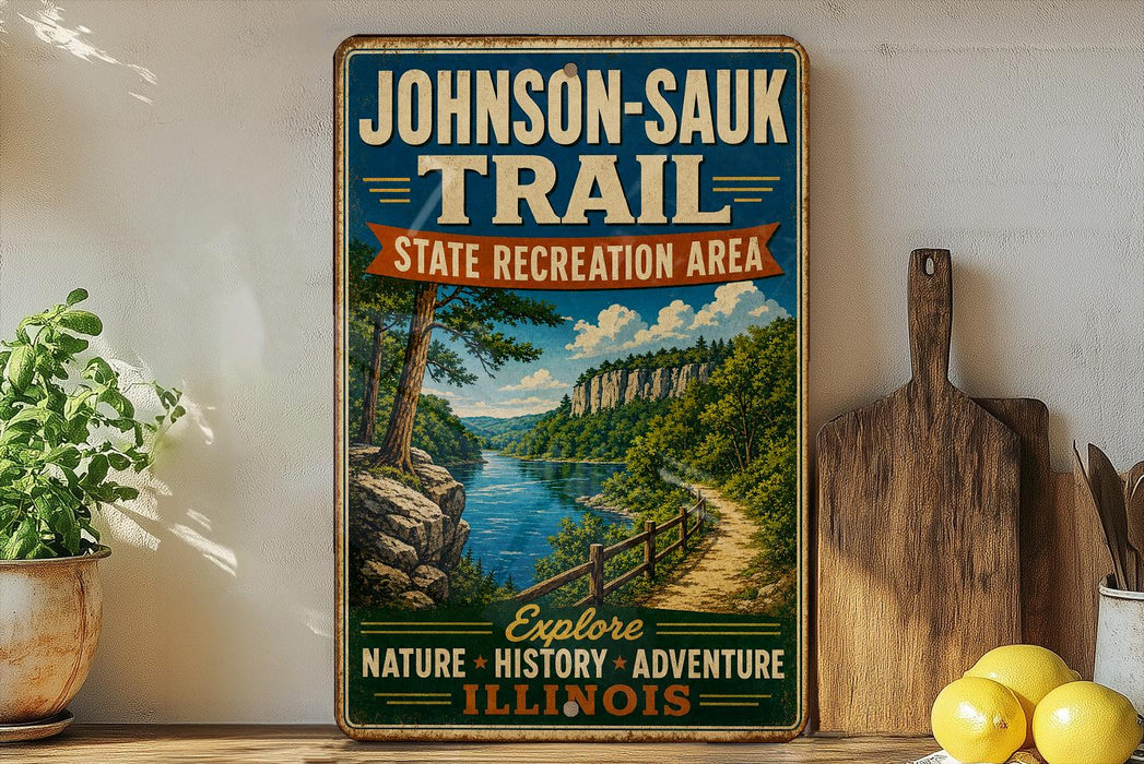 A vintage-style sign for the Johnson-Sauk Trail, featuring a scenic illustration of a river and mountains, is displayed on a wooden shelf next to a potted plant and a cutting board.