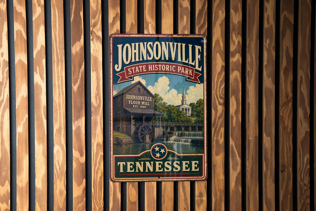 A vintage-style metal sign for Johnsonville State Historic Park in Tennessee, featuring a scenic illustration of a mill and a church.