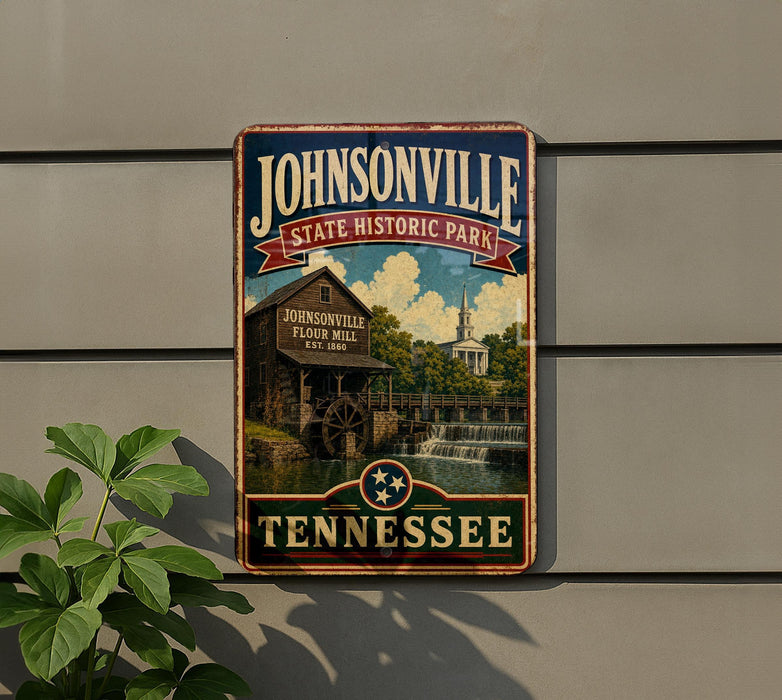 A vintage-style metal sign for Johnsonville State Historic Park in Tennessee, featuring a scenic image of a mill and a bridge.