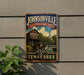A vintage-style metal sign for Johnsonville State Historic Park in Tennessee, featuring a scenic image of a mill and a bridge.
