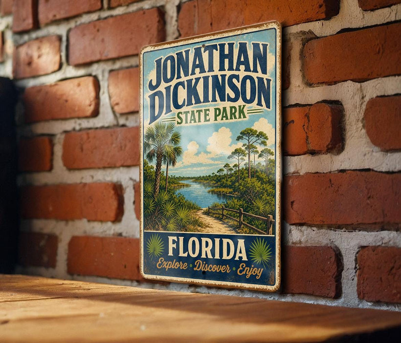 A vintage-style sign for Jonathan Dickinson State Park, featuring a scenic illustration of a tropical landscape with palm trees and a body of water.