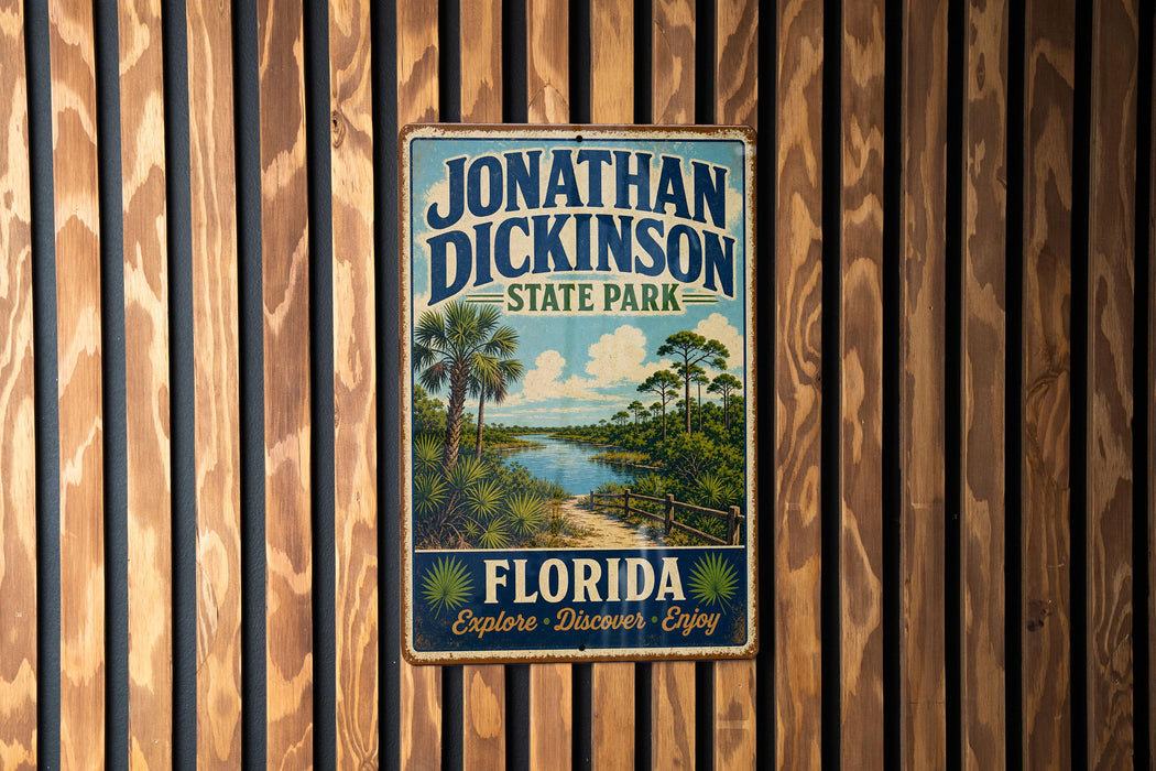 A vintage-style metal sign for Jonathan Dickinson State Park, featuring a scenic illustration of a beach and palm trees, mounted on a wooden wall.