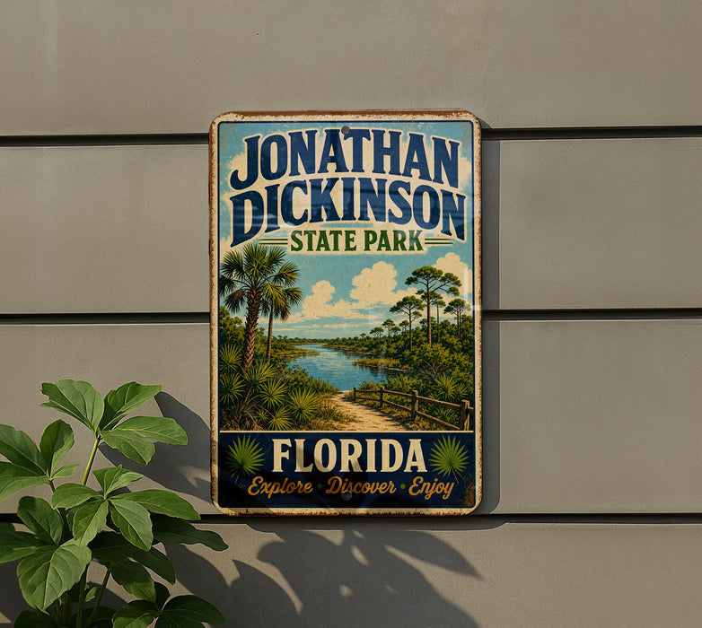 A vintage-style metal sign for Jonathan Dickinson State Park, featuring a scenic landscape with palm trees and a body of water.