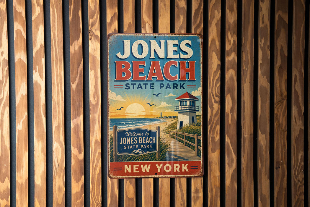 A vintage-style metal sign for Jones Beach State Park in New York, featuring a lighthouse and a beach scene.