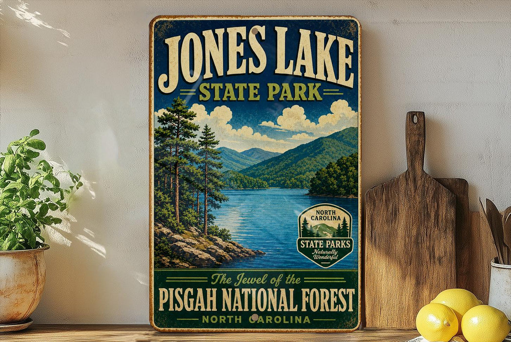 A vintage-style sign for Jones Lake State Park, featuring a scenic landscape with pine trees, mountains, and a lake.