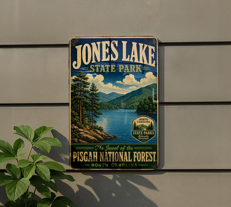 A vintage-style sign for Jones Lake State Park, featuring a scenic landscape with pine trees, mountains, and a lake.