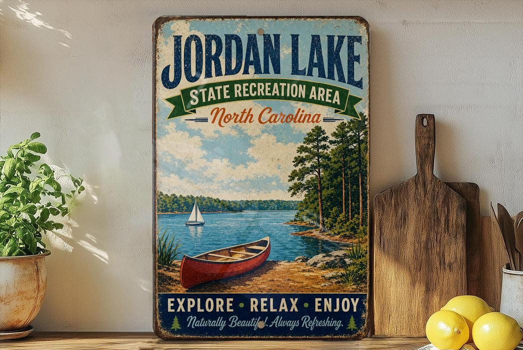 A vintage-style sign for Jordan Lake, North Carolina, featuring a scenic image of a lake with a sailboat, surrounded by pine trees and a wooden dock.