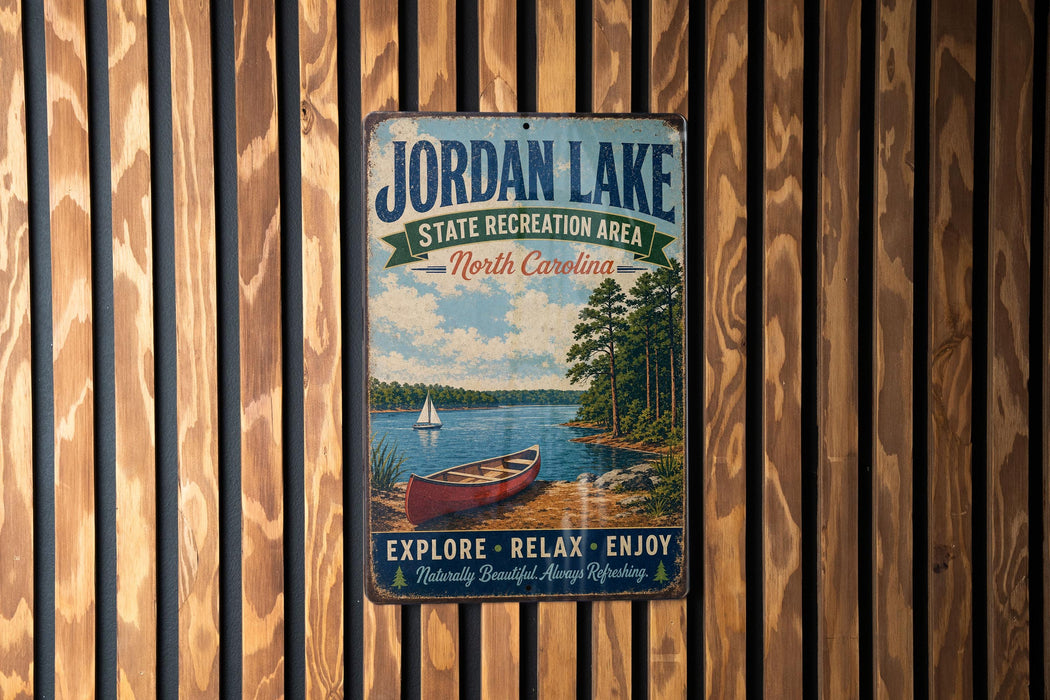 A vintage metal sign for Jordan Lake, North Carolina, featuring a scenic image of a lake with a red canoe and a sailboat.