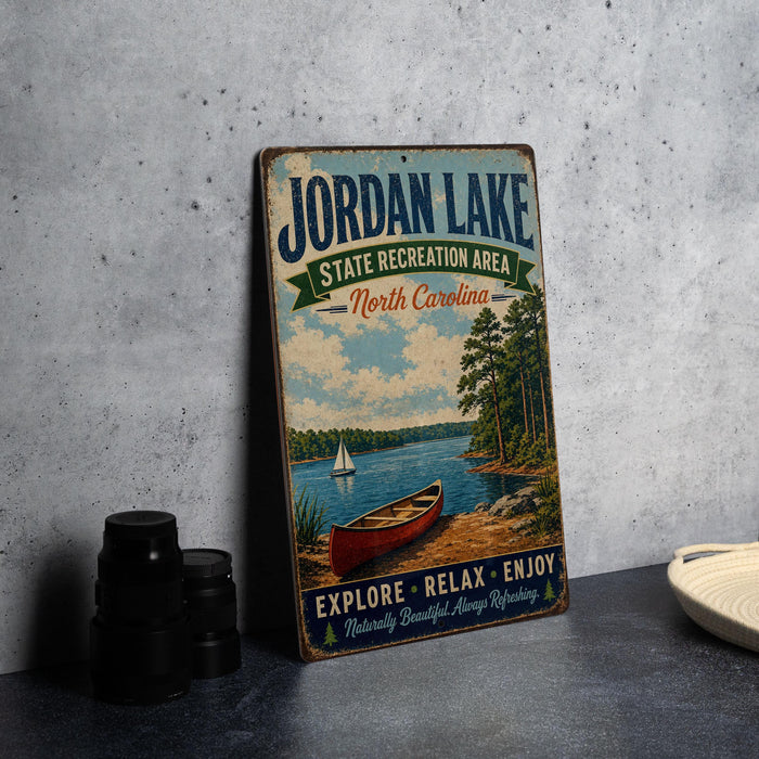 A vintage-style metal sign for Jordan Lake, North Carolina, featuring a scenic illustration of a lake, canoe, and trees.