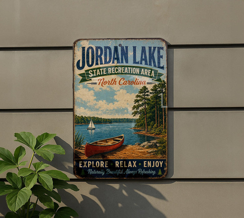 A vintage-style metal sign for Jordan Lake, North Carolina, featuring a scenic image of a lake with a canoe and trees.