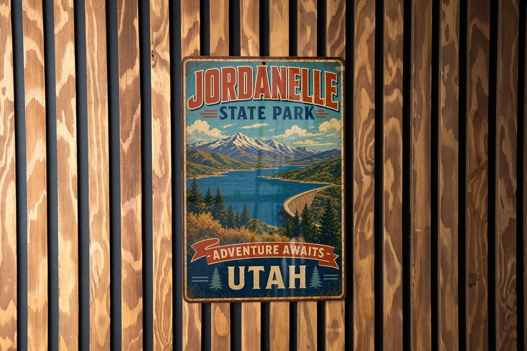 A vintage metal sign for Jordanelle State Park in Utah, featuring a scenic mountain landscape with a lake and pine trees.