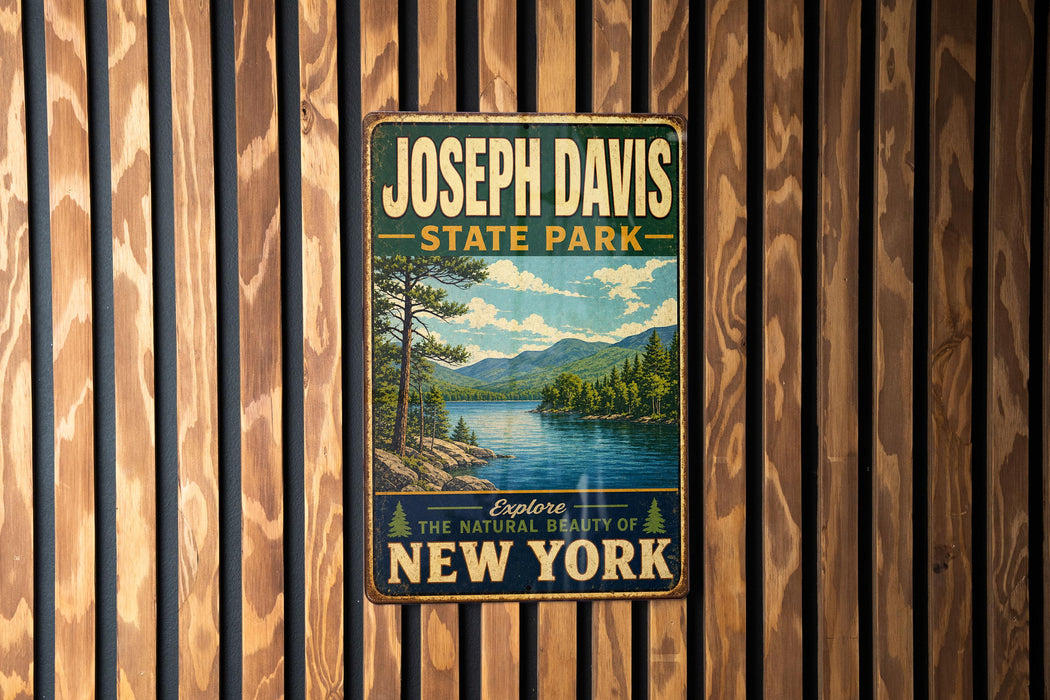 A vintage-style metal sign for Joseph Davis State Park in New York, featuring a scenic landscape with a lake and mountains.